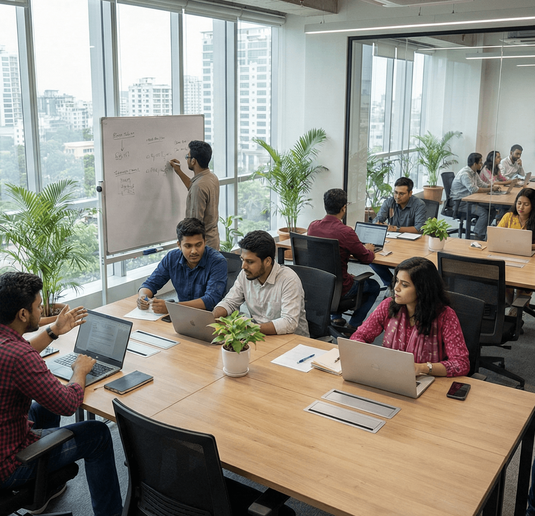 Bangladeshi tech professionals collaborating in a modern office workspace